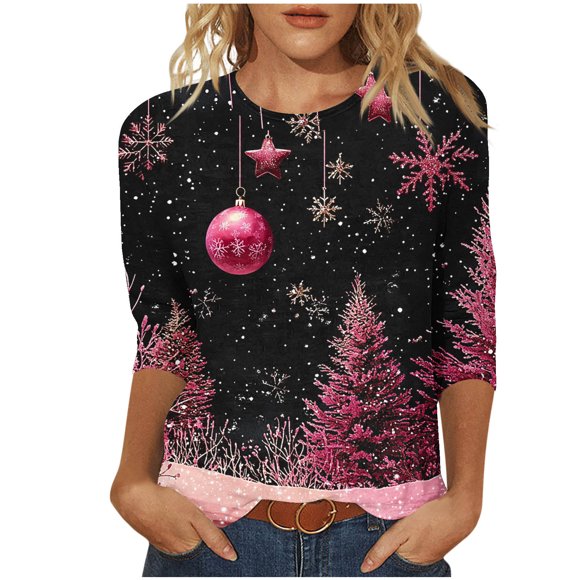 Lcziwo Womens 3/4 Sleeve Shirts Xmas Holiday Crew Neck Tees Christmas Tree Print Elegant Tops Fall Fashion Casual Trendy Blouses Red,L