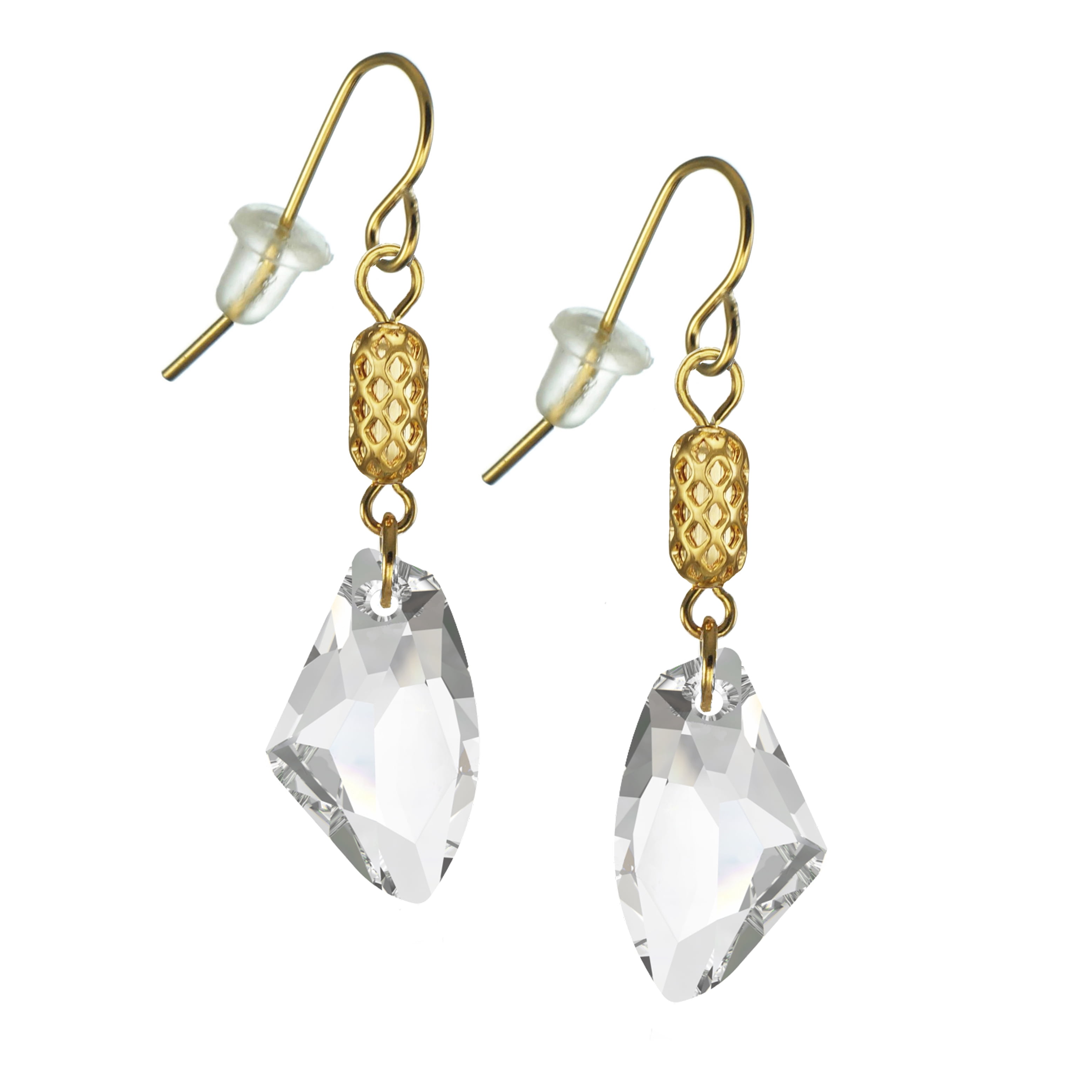 One Pair 19mm Austrian Galactic with Gold Woven Tube Dangle Earrings – Hypoallergenic Earwires - Clear