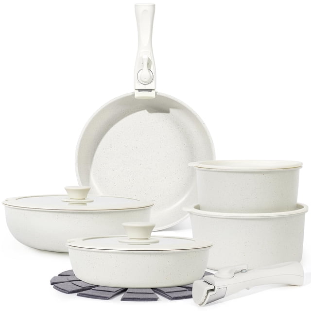 Juego de utensilios de cocina SODAY, 15 unidades, antiadherentes con mango desmontable, color blanco