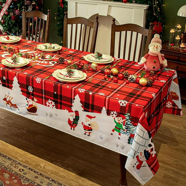 Christmas Red Tablecloth Rectangle 60x120 Inch - Water Resistant Holiday Decorative Print New Year''s Eve Oblong Cloth - Easy Care Fabric Table Covering for Party, Kitchen, Dining Room, Outdoor