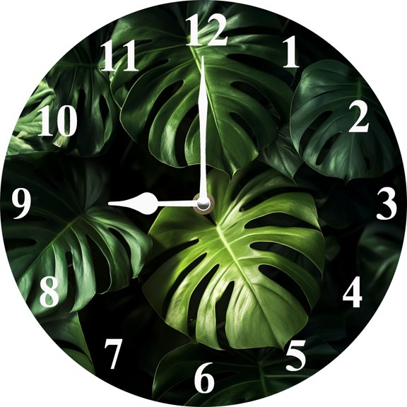 Soliyoahee Palm Leaf Clock 10inch Wooden Round Home Decor Wall Clock Silent Non-tick Battery Powered Suitable for Kitchen Living Room Office Bathroom