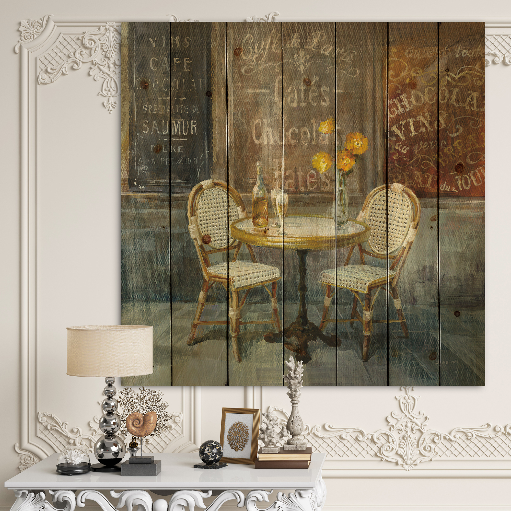 Designart 'French Vintage CafÃ© ' Traditional Print on Natural Pine Wood