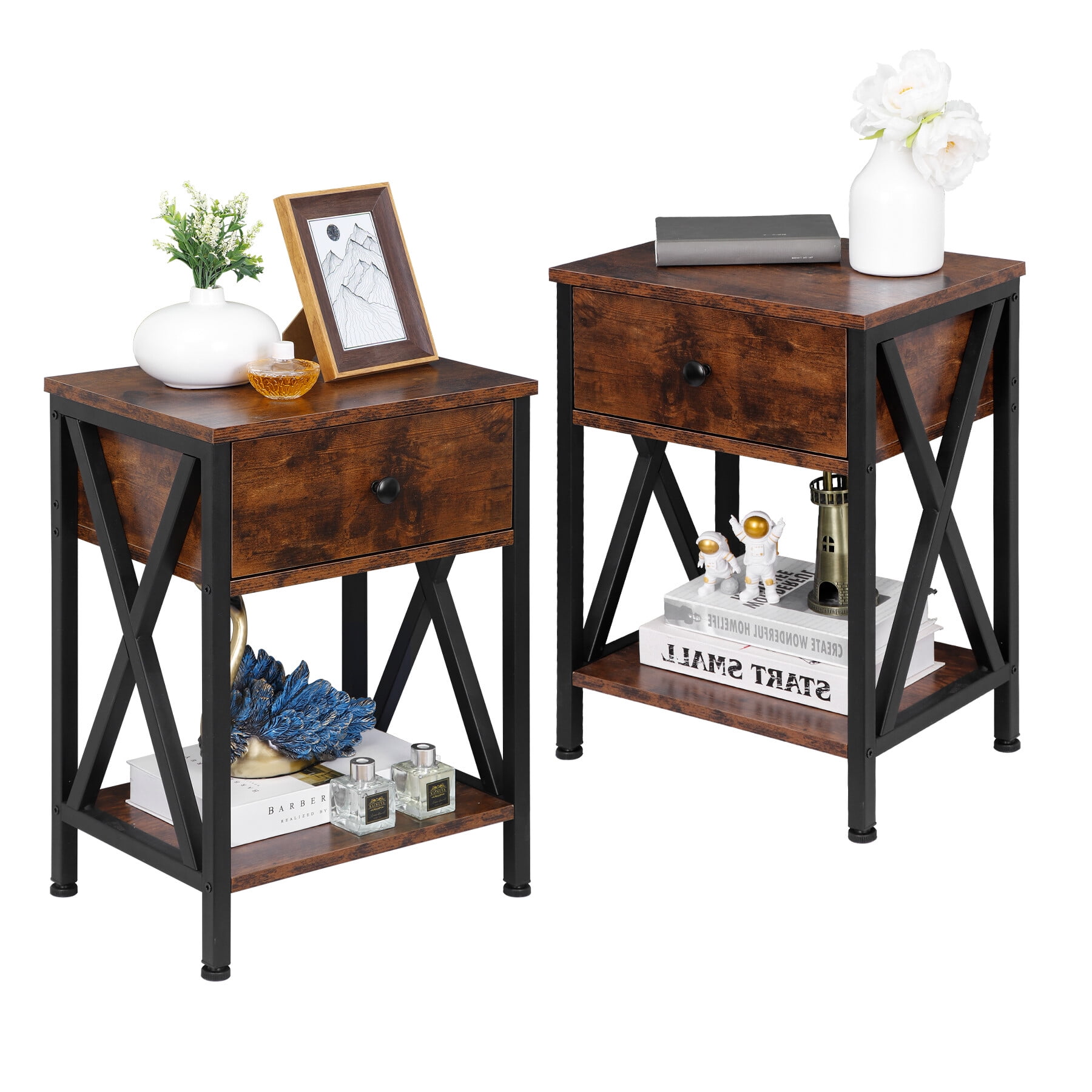 ZenSports 2 Pack Wood Grain End Table Retro Industry Side Table W/ Drawer, Rustic Brown