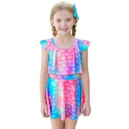 NAFUU Baby Girls Swimsuit Summer Child Fly Sleeve Prints Swim Wear For Toddler Beach Bikini Shorts Set Tankini Tops For Girls Swimwear Sizes 4-5 Years