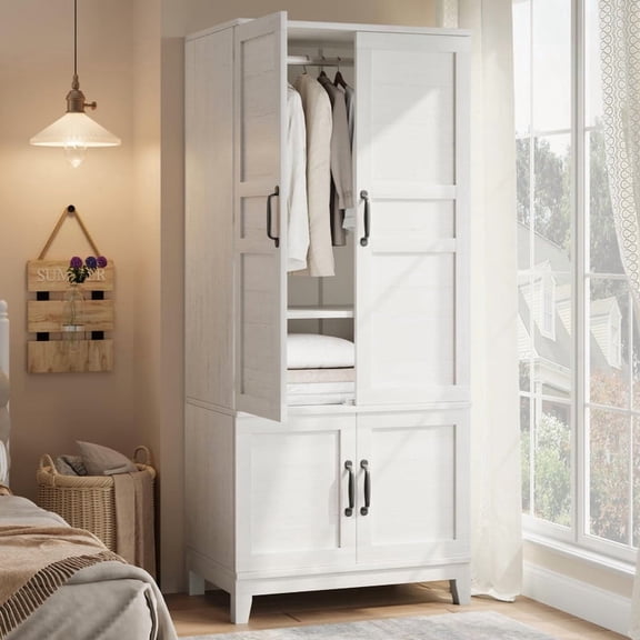 TROPOW Armoire Wardrobe Closet with 4 Doors,72 in Wooden Wardrobe Cabinet with Hanging Rod, Freestanding Tall Clothing Armoire Storage Cabinet with Adjustable Shelves for Bedroom