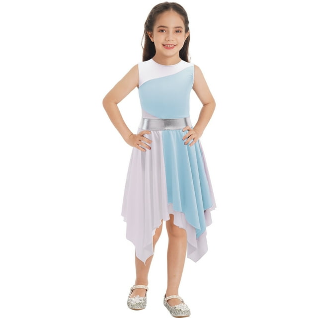 Oyolan Robe de Danse Ballet Asymétrique Sans Manches pour Filles, Robe d'Église Bleu Clair 10