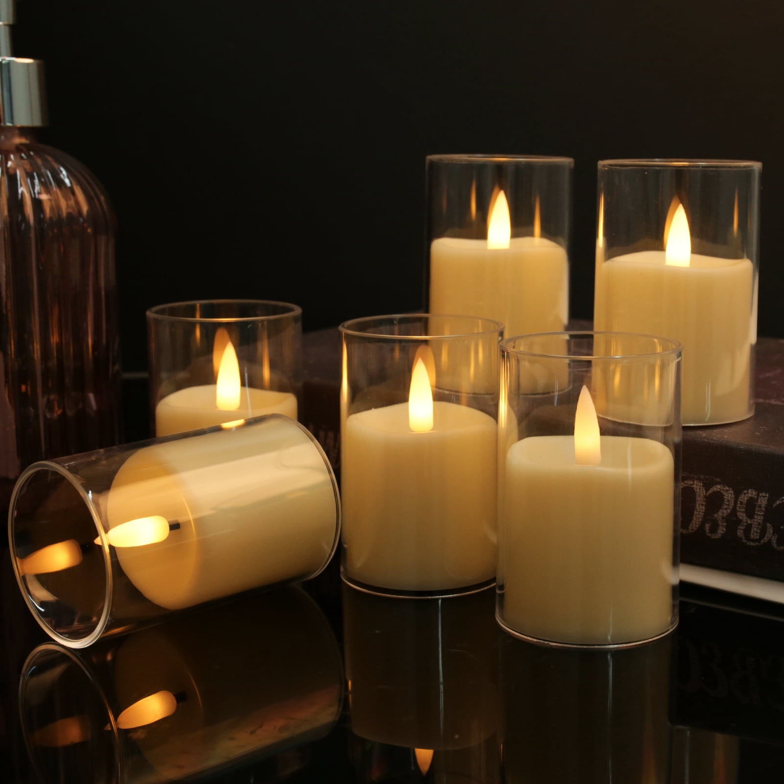 6Pack Glass Flickering Flameless Candles with Remote, 2"X3" Real Wax Votive Candles Battery Operated, Small Electric LED Candles for Wedding Home Decor, w/4 Timers+2 Lighting Modes [Clear]