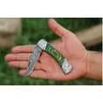 thumbnail image 6 of Back Lock Folding Knife Handmade Damascus Steel With Green Pakka Wood Engraved Steel Handle, 6 of 9