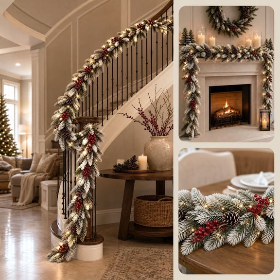 195cm LED‑Lit Christmas Teardrop Rattan Decor, red berry and pinecone accents, durable plastic vine for stair‑wall, front‑door and covered‑porch winter seasonal ornaments