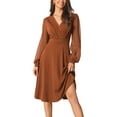 thumbnail image 1 of Vestido envolvente para mujer Inspire Chic, con escote en V, mangas de linterna, puntos suizos, midi y con bolsillos, talla L, color caramelo, 1 of 6