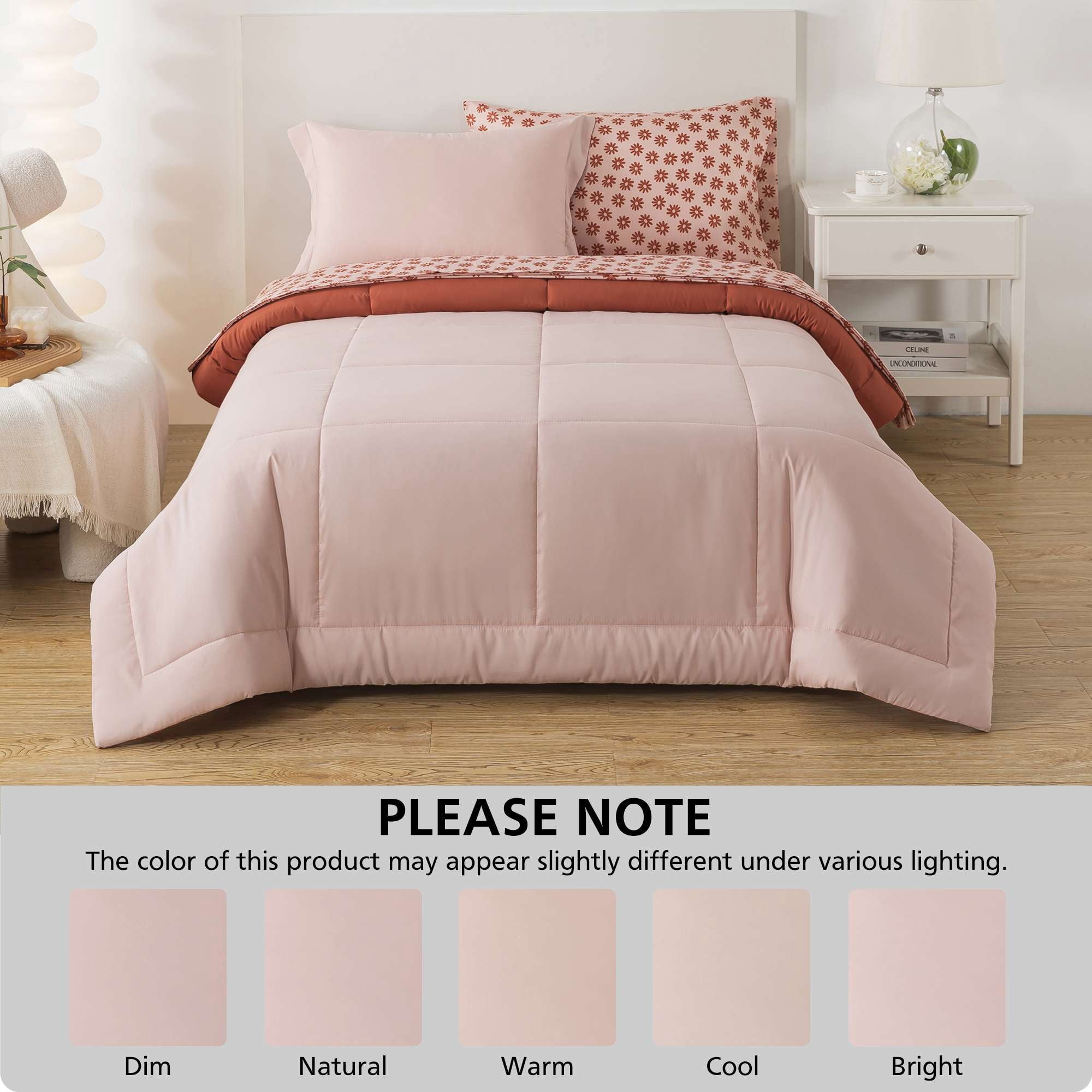 Mainstays All in One Reversible Comforter and Sheet Set, 5-Piece, Twin, Pink Blush