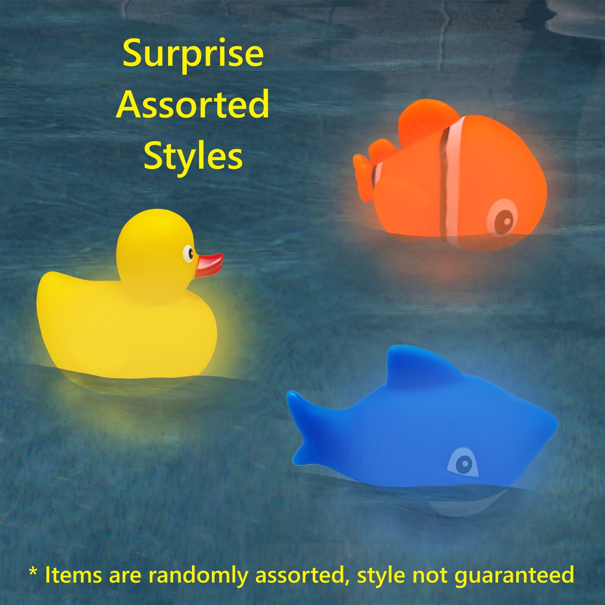 RIPLE: LED Light Up - Pal - 1pc Assorted Style - Duck, Shark Or Clownfish - Character Pool Toy, Floating Water Buddies, Bath Play, Auto Light, Kids 3+