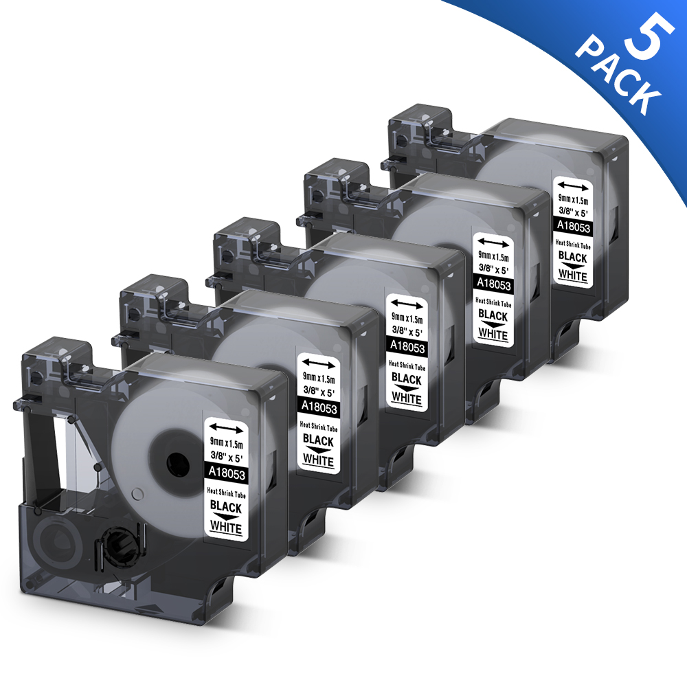 5PK Industrial Heat Shrink Tube Label Tape Compatible DYMO 18053 9mm 3/