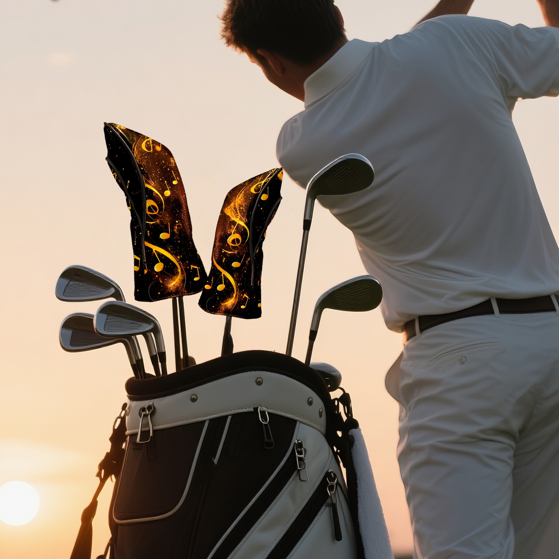 Golf Club Head Covers - Yellow Musical Note Pattern, PU Leather, Waterproof, Fits Fairway Woods/Hybrid, Unisex, Fits Most Brands
