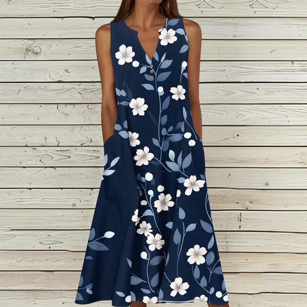 TaTaai Ladies Casual Sleeveless V Neck Maxi Dress Strap Detail Loose Fit Summer Beach Vacation Long Sundress Gift