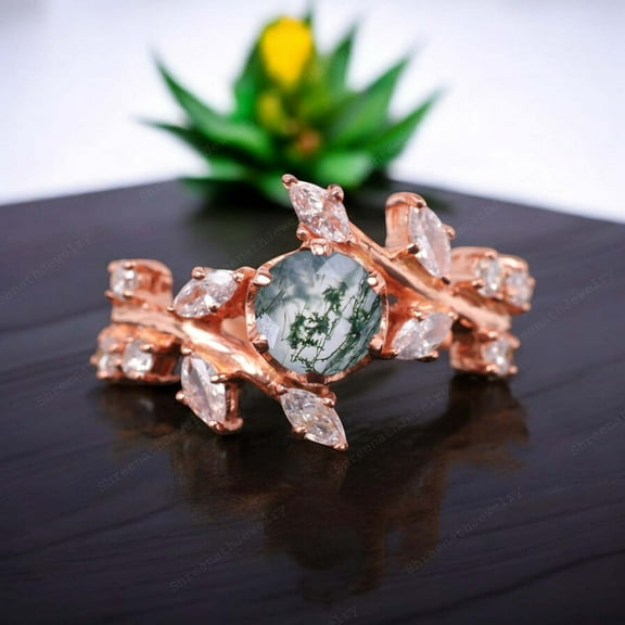 Natural Moss Agate Wedding Ring Marquise Cut CZ Diamond Leaf Twig Ring Nature Inspired Promise Ring Birthday Gift For Women