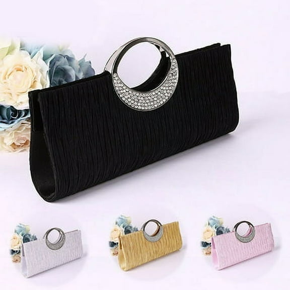 Women Luxury Rhinestone Satin Pleated Evening Bag Party Clutch Purse Handbag,Black