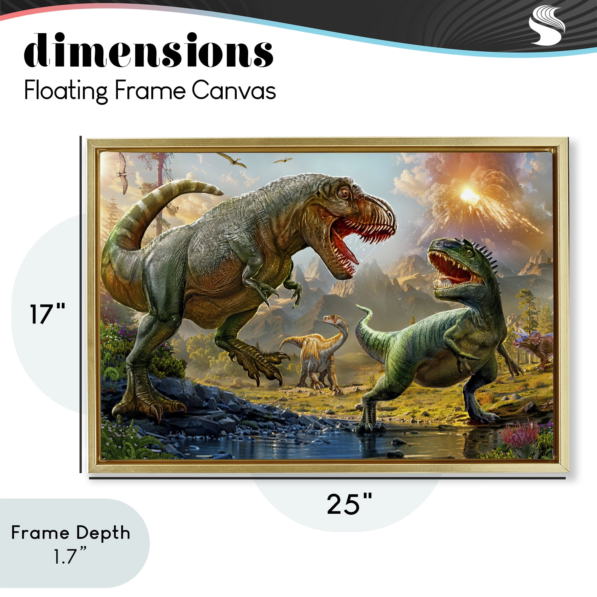 Stupell Industries T-Rex Encounter at Riverbank Gold Framed Floater Canvas Wall Art, design by Henriette Chinaglia