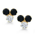thumbnail image 2 of Gem Stone King 14K Yellow Gold Black Onyx and White Zirconia Three Stone Stud Earrings for Women (0.62 Cttw, Gemstone December Birthstone, Round 3MM), 2 of 4