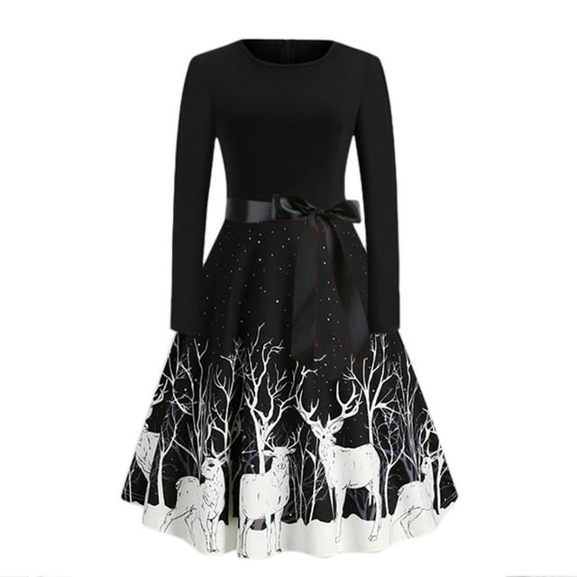 Robe à Paillettes à Manches Longues Imprimé de Noël Robe Patchwork à Paillettes à Manches Longues Robe Patineuse avec Cerf Robes de Fête