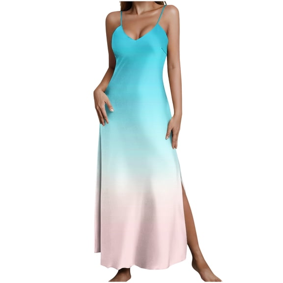 QSAWXQZ Women's Satin Floral Graphic Maxi Dress Sleeveless V Neck Slip Dress with Side Slit Elegant Party Wedding Guest and Evening Wear Multicolor-7 XL