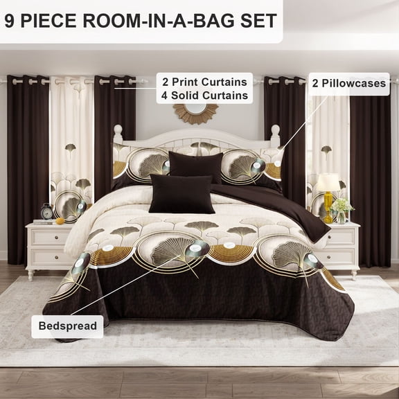 9 Piece Soft All-Season Washed Microfiber Cover Set , Queen/King/Calking Bedding Set With Pillowcases,Bedspread Print Curtains & Solid Curtains,Print, Moisture-Wicking,  Soft ,Cooling,  Easy Care