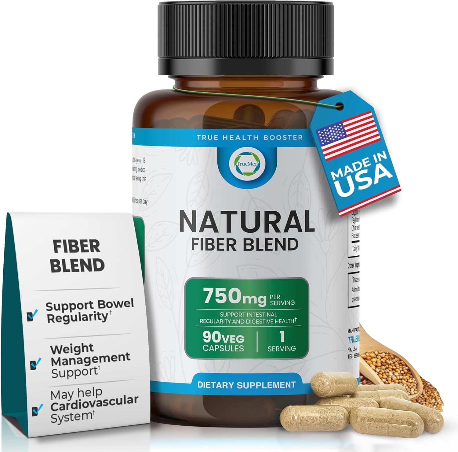 TrueMed 3-in-1 Fiber Supplement Capsules | 750mg Organic Fiber Blend with Psyllium Husk, Chia Seed & Flax Seed | Plant-Based Digestive & Heart Health Support | 90 Count