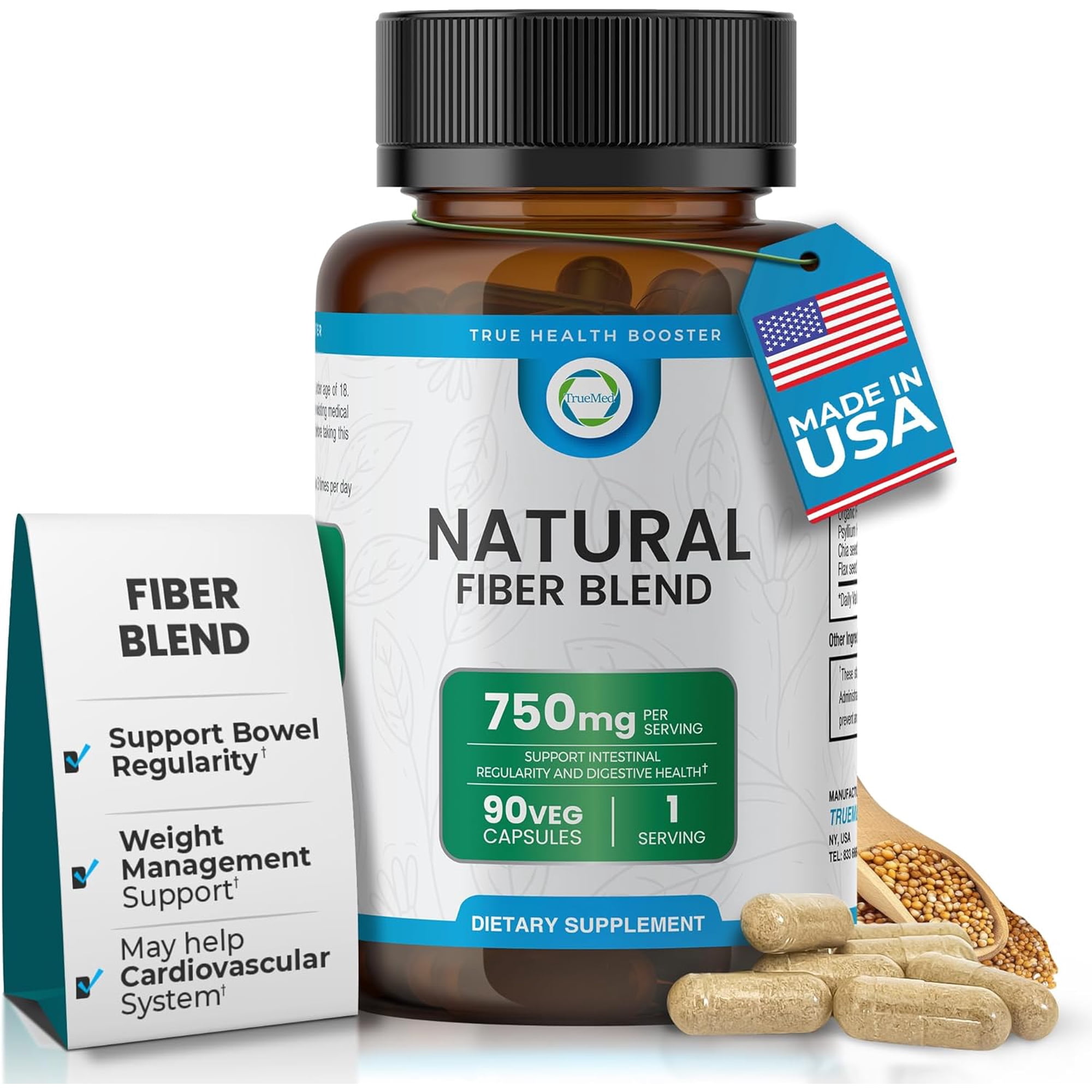 TrueMed 3-in-1 Fiber Supplement Capsules | 750mg Organic Fiber Blend with Psyllium Husk, Chia Seed & Flax Seed | Plant-Based Digestive & Heart Health Support | 90 Count