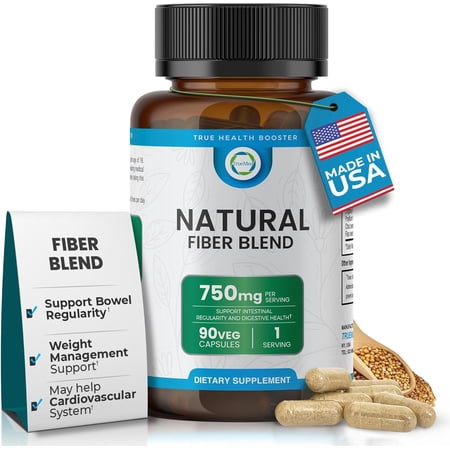 TrueMed 3-in-1 Fiber Supplement Capsules | 750mg Organic Fiber Blend with Psyllium Husk, Chia Seed & Flax Seed | Plant-Based Digestive & Heart Health Support | 90 Count