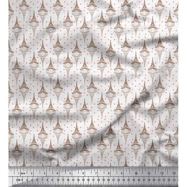 Soimoi Brown polyester Crepe Fabric Arrow,Heart & Eiffel Tower Architectural Print Sewing Fabric Yard 52 Inch Wide