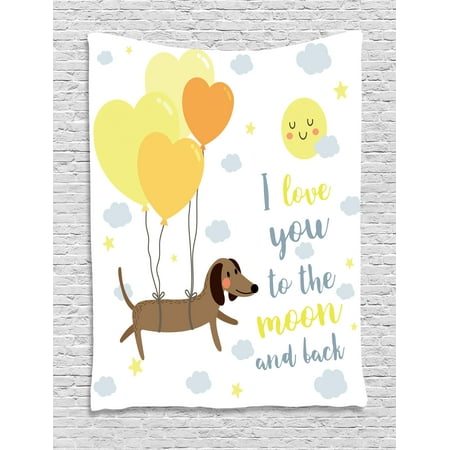 I Love You Tapestry, Cute Dog with Balloons and Hearts Sun Clouds Puppy Baby Best Friends, Wall Hanging for Bedroom Living Room Dorm Decor, 60W X 80L Inches, Yellow Cocoa Blue Grey, by