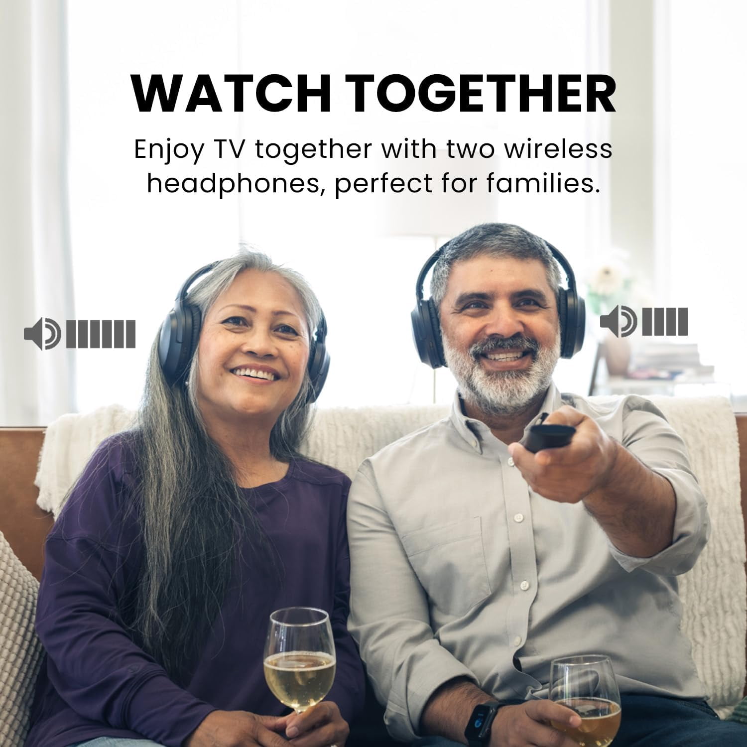 Avantree Duet - Dual Wireless Headphones for TV Watching with Transmitter/Charging Stand 2-in-1, Clear Dialogue Mode & Volume Boost for Seniors, Scalable to 100 Headphones - Black