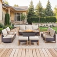 thumbnail image 3 of Bellefurn Luxury 8 Pieces Patio Furniture Sets with 41” Propane Fire Pit Table,Rattan Outdoor Deep Seating Conversation Set with Swivel Glider Patio Chair,Rattan Sofa&Ottomans for Porch Backyard, 3 of 15