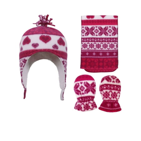 Kids Sherpa Lined Fair Isle Print Fleece Hat & Gloves Set, Fuchsia S 6-24 Months