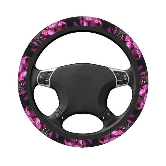 Uemuo Pink Blossoms Butterfly Printed Car Elastic Steering Wheel Cover - Universal Car Accessory for Diverse Cars Anti-Slip, and Comfortable- 15"