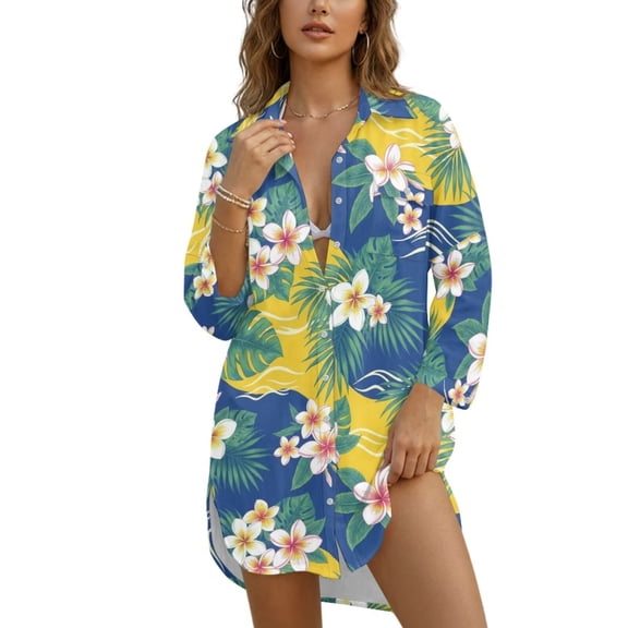 Renewold Hawaii Swimsuit Coverup for Women Beach Cover Up Button Down Shirt Long Sleeve Resort Wear for Beach Vacation Seaside Women's Swimwear, Hawaiian Plumeria Palm Leaf Monstera Print, S