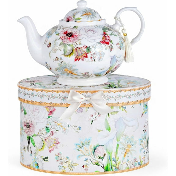 Elegance Bone China Teapot in Gift Box 1.14-qt. (1080 ml) Teapot Loose Tea lovers about 4 Cups Gift Box (Dream Garden)