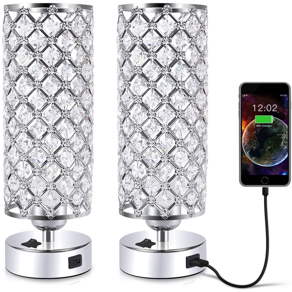 Crystal Table Desk Lamp with USB Port, Acaxin Elegant Bedside Light