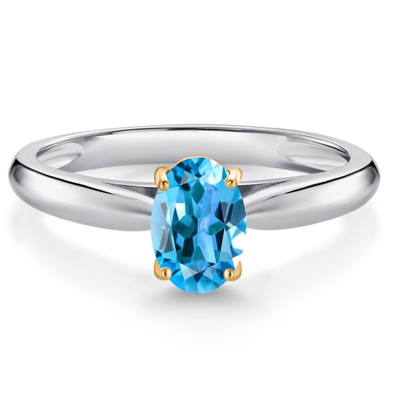 Gem Stone King 10K White and Yellow Gold Swiss Blue Topaz Solitaire Engagement Ring for Women (1.00 Cttw, Oval 7X5MM, Gemstone November Birthstone, Size 9)