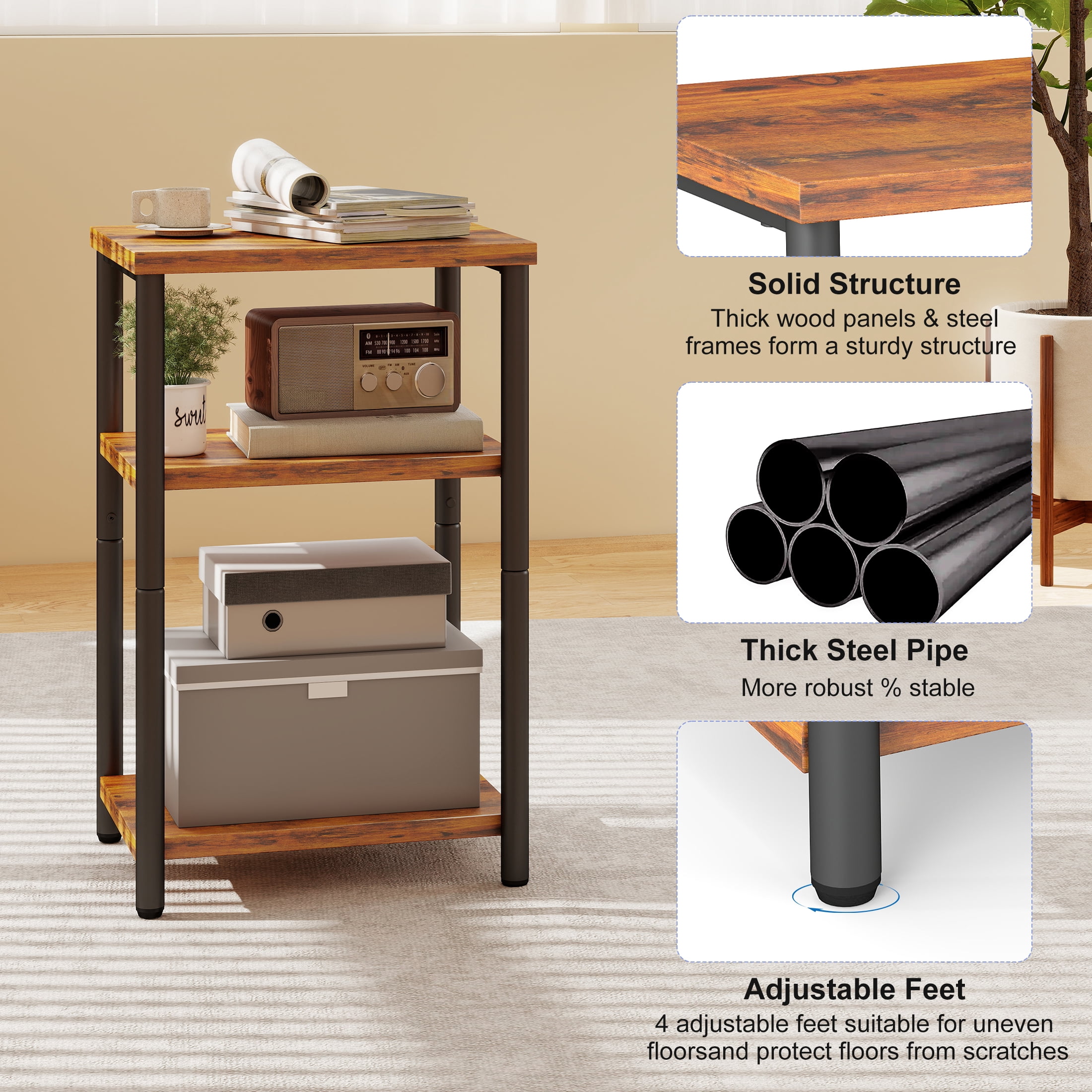 edx 3-Tier End Table, Nightstand, Storage Shelf for Living Room, Bedroom, Rust Brown,11.81"W x 13.39"D x 22.8"H