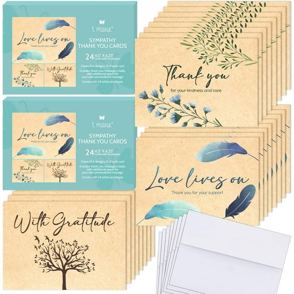 48 Funeral Thank You Cards With Message Inside - 4.5 x 6.25” Rustic Kraft Style Bulk Sympathy Thank You Cards with Words Inside - Memorial, Celebration of Life and Bereavement Thank You Notes With Env