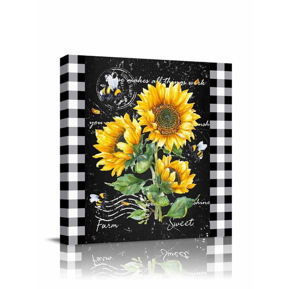 Canvas Print Wall Art Sunflower Country Florals Bee Farmhouse Black Buffalo Plaid Framed Canvas Art Wall Decor Pictures Painting Morden Artwork for Living Room Bedroom, Ready to Hang, 8"x8"