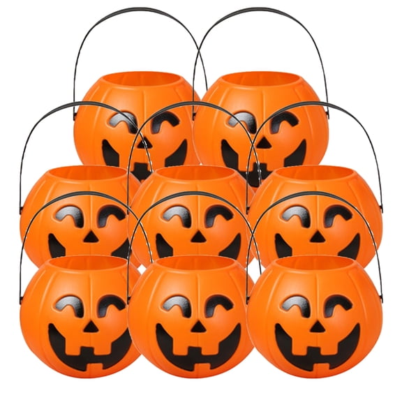 8PCs Halloween Pumpkin Bucket, Small Pumpkin Trick Or Treat Candy Basket With Handle Plastic Pumpkin Bucket Pails For Party Home Supplies