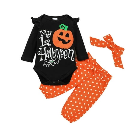 

Binmer Baby Halloween Solid Color Letter Long Sleeve Romper+Printed Pants+Headband Suit