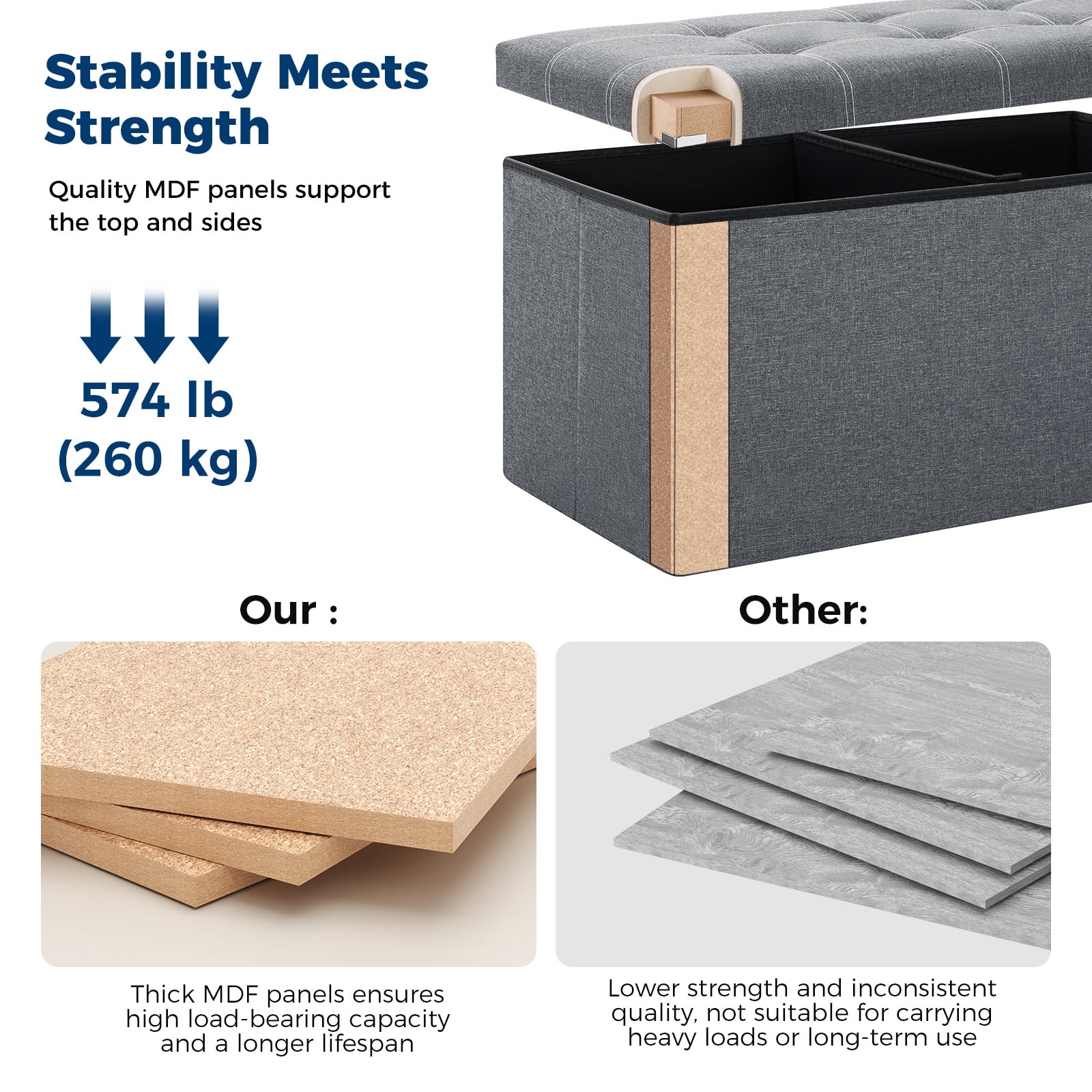 Lusimo 30" Storage Ottoman Bench with Divider, Multifunctional Foot Stool, Toy Chest & Shoe Bench for Bedroom, Living Room, and Entryway, Foldable Storage Chest with Seating, Gray