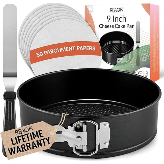 RFAQK Non-Stick 9 Inch Springform Pan - Spring form Pan for Cheesecake with Removable Bottom, Bonus Icing Spatula with 10 Pcs Parchment Paper & Recipe E-Book - Ideal for Baking Cakes, Pizzas, & More!