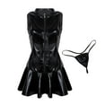 thumbnail image 3 of TiaoBug Women's Wet Look PVC Leather Sleeveless Babydoll Mini Dress G-String Set Cocktail Party Clubwear Black Large, 3 of 7
