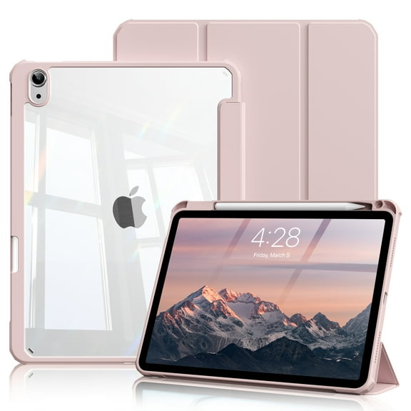 Aoub Hybrid Slim Case for iPad Air 11 Inch M2 2024 / iPad Air 5th 4th Generation 10.9 inch 2022 2020 with Pencil Holder, Clear Transparent Back, Auto Wake/Sleep, Pink