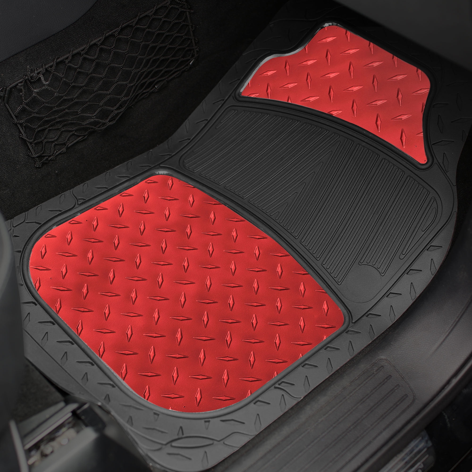 FH Group Climaproof Rubber Car Floor Mat, Universal 4pc Red Floor Mats with Air Freshener
