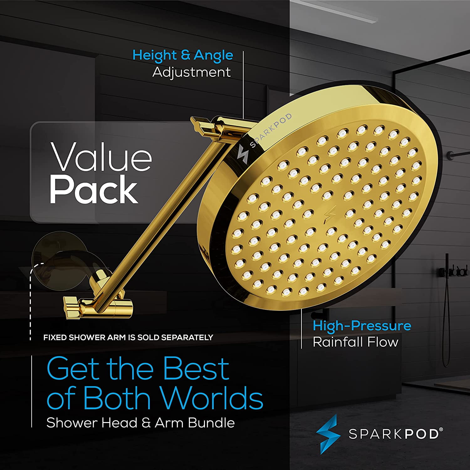 SparkPod Rain Shower Head with Adjustable Extension Arm 11" - High Pressure, Easy Install (6" inch Shower head, Egyptian Gold)